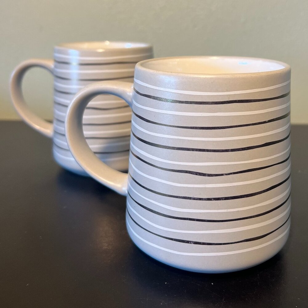 Set of 2 THYME & TABLE Stoneware Mugs ~ Gray with White & Metallic Gold Stripes